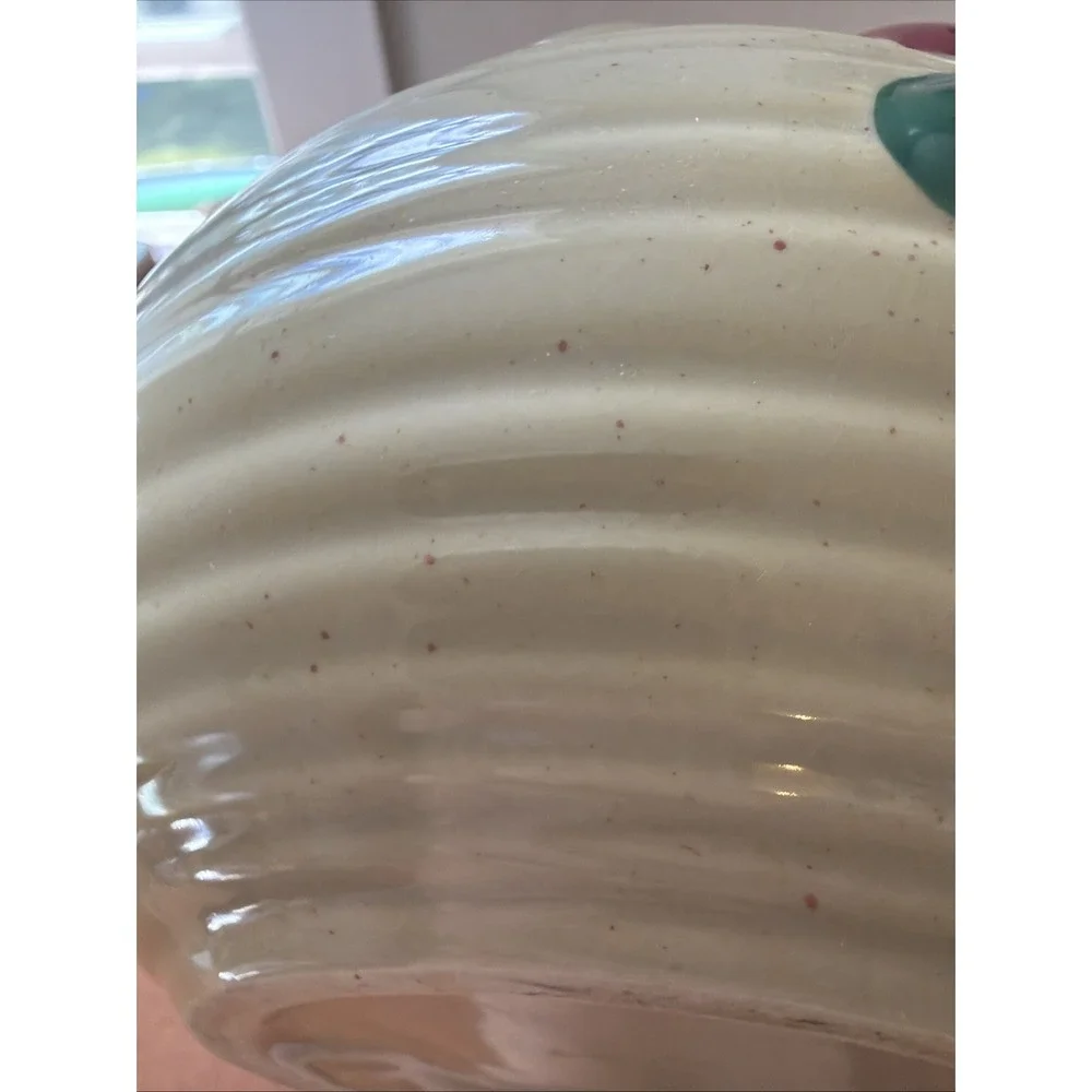Vtg 3D Apple Design Stoneware Pitcher With Handle Beige Apple Embossed 7